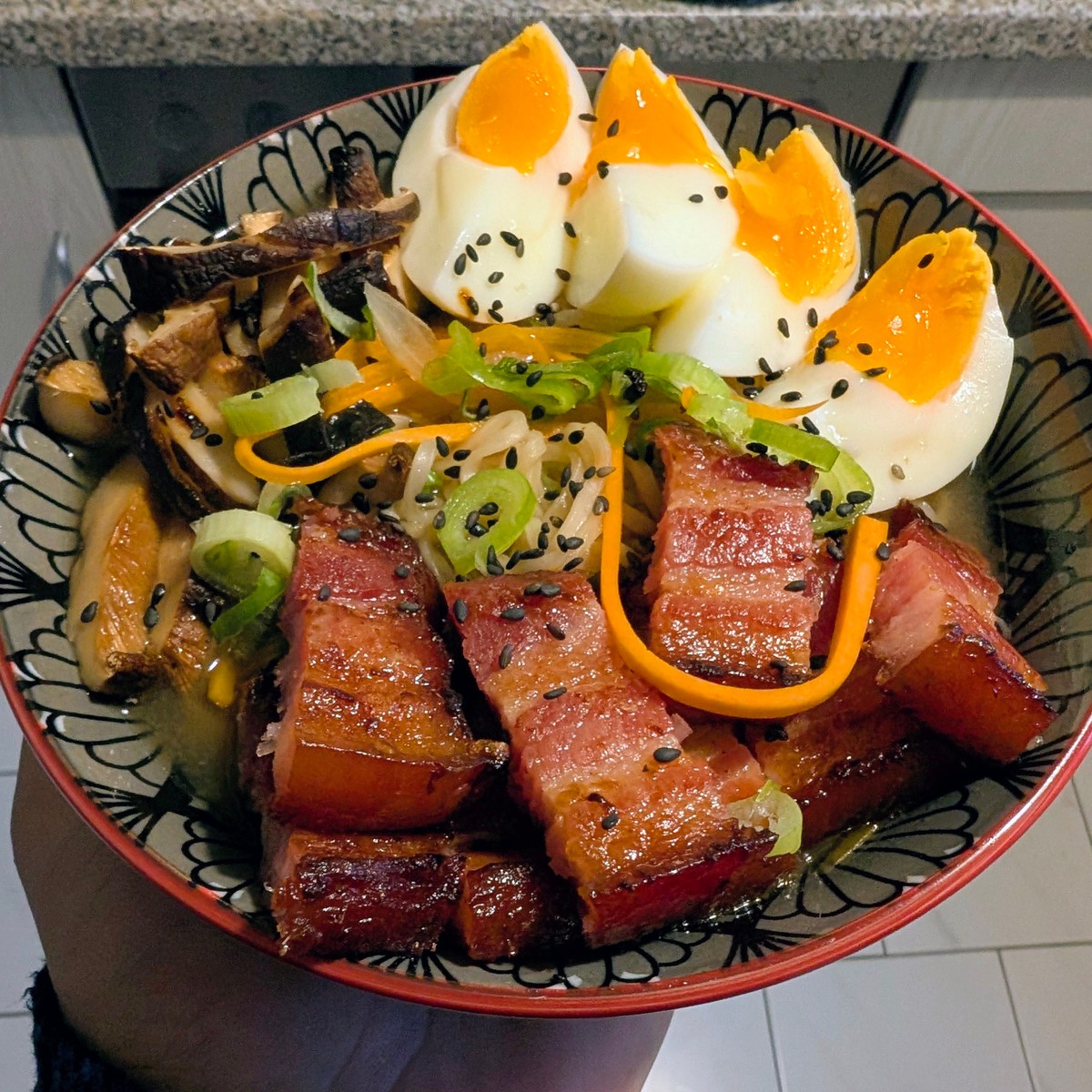 miso ramen, pork belly, softboiled egg, shiitake mushrooms
